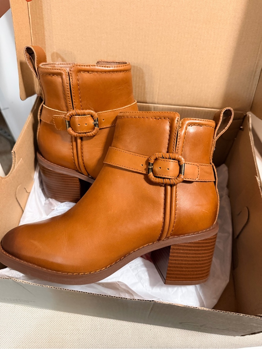 Clarks Tan Leather Buckle Strap Ankle Boots